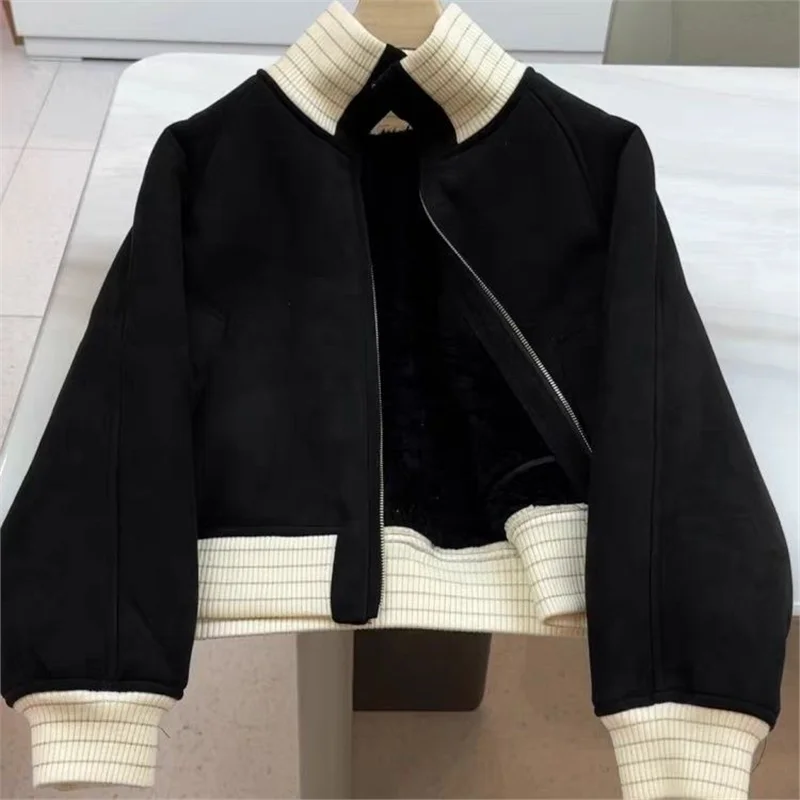 

Autumn Winter Retro Lamb Wool Jacket Women's Korean Loose Stand Collar Long Sleeved Top Warm Faux Suede Splicing Zipper Coats