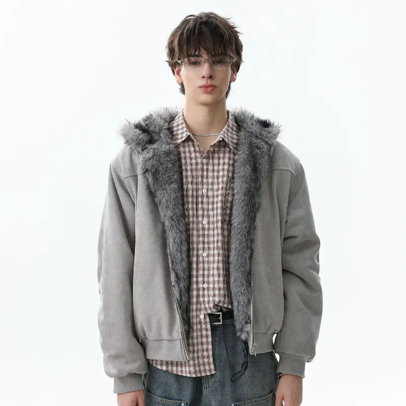 MWJLPWQ العصرية 2025 جديد الشتاء الفراء طوق الصوف سترة قطن الذكور شارع العليا عكسها تصميم سستة معطف مقنع شيك 21725 #5