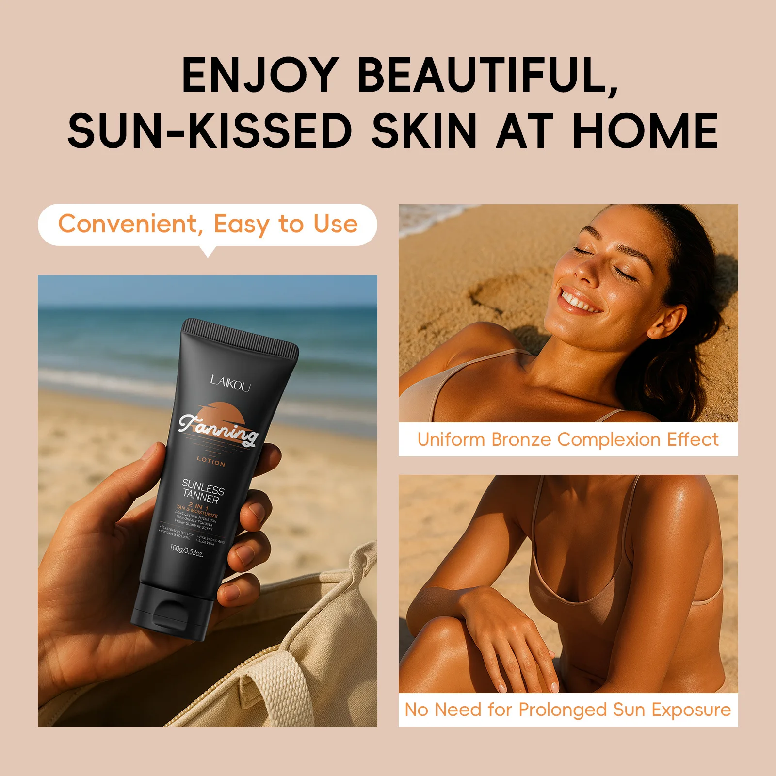 LAIKOU Self Tanning Body Lotion 100g, Sunless Tanner Tanner for Natural Glow, Non Greasy Long Lasting Hydration Summer Essential