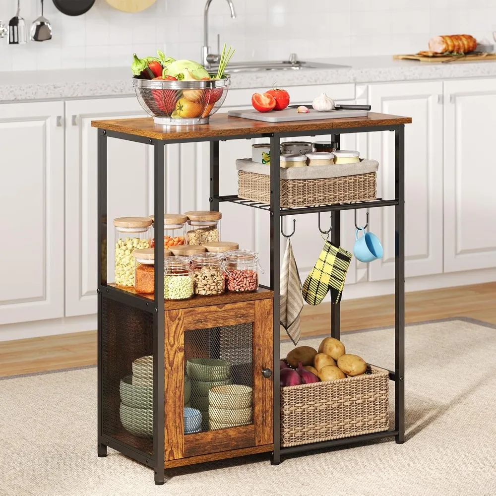 

Small Kitchen Island with Storage, 4 Tier Microwave Stand, Island Table, Bakers Rack & Coffee Bar Cabinet Station with Storage,