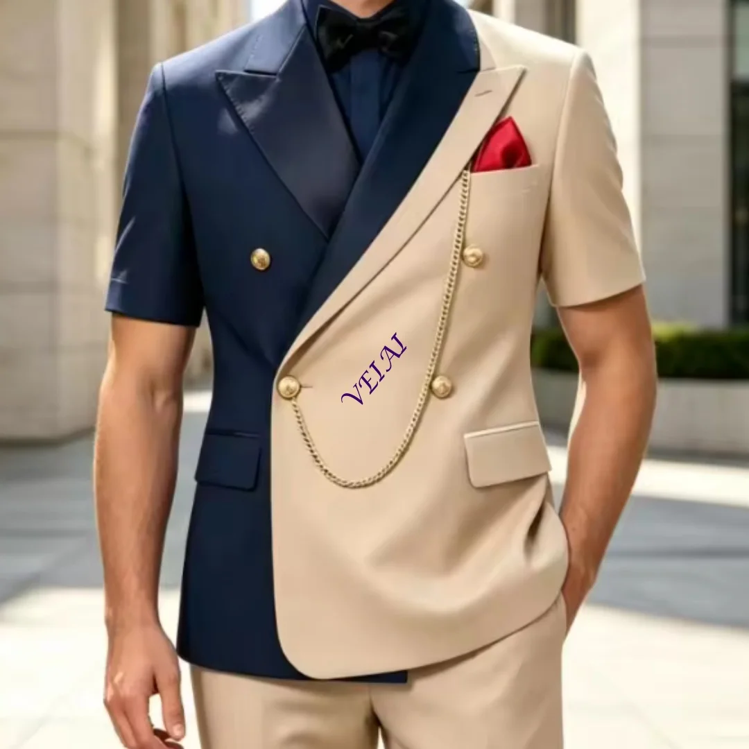 CustomizedNew Design Formal Men Suits Short Sleeve Wedding Party Peak Lapel Groom Prom Party Business Male Tuxedo 2 Piece Set Ja