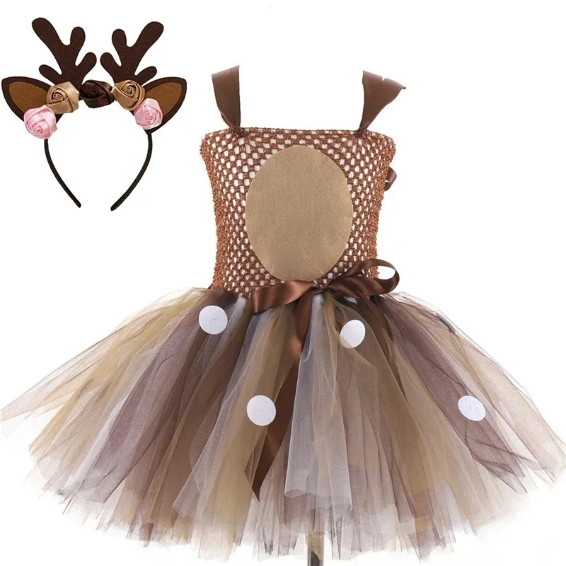 Deer Tutu Dress Girl Christmas Dresses with Headband Kids Halloween Costume Baby Girl Princess Elk Reindeer Outfit for New Year