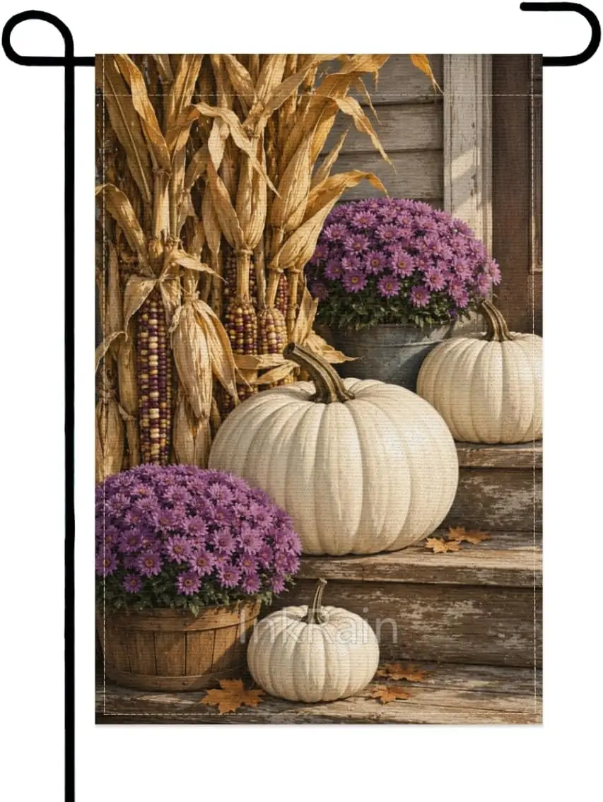 InkRain Farmhouse White Pumpkin Garden Flag 12x18 Inch, Fall Porch Scene with Corn Stalks and Purple Mums, Double Sided Line uui