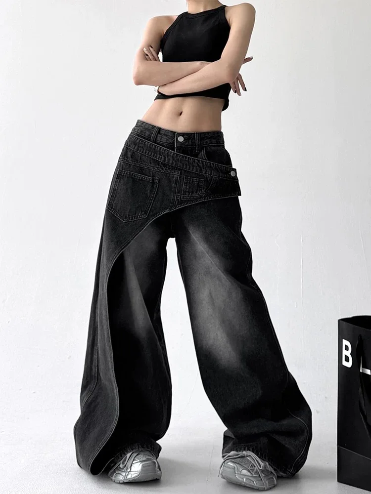 Women's Black Gothic Jeans Baggy Asymmetric Y2K Japanese Harajuku 90s Streetwear Loose Wide Leg Jeans, Pants Clothing 2025 New