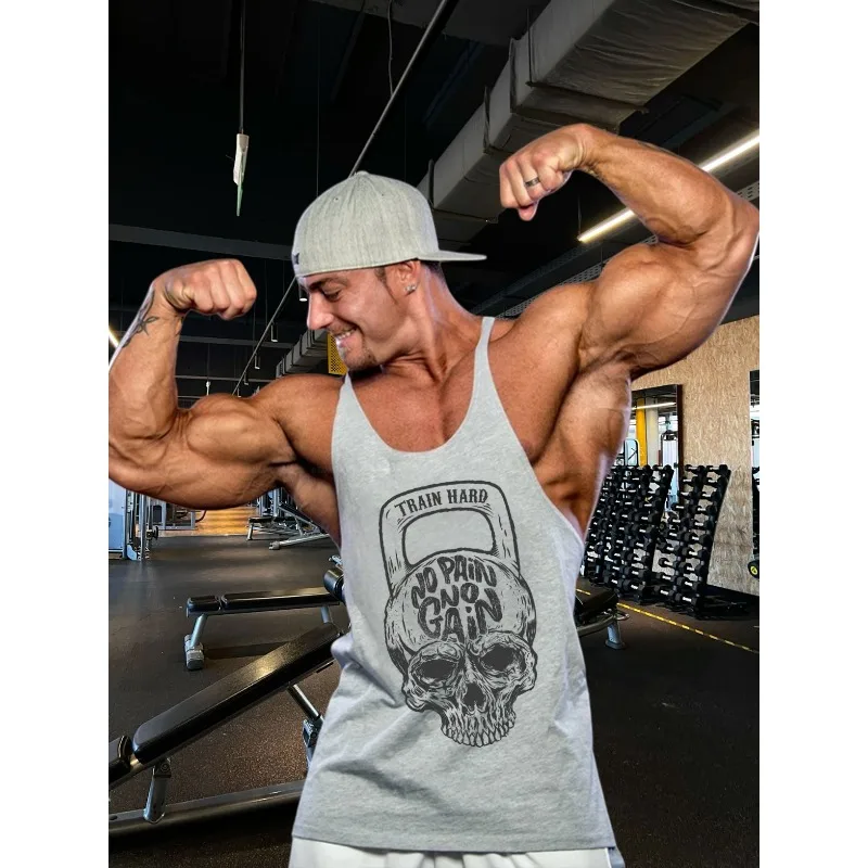

Fitness Vest Men's Skeleton Kettlebell Print Fitness Breathable Slim Fit Sports Trend Summer Cotton Sleeveless Vest Breathable