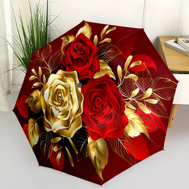 

Luxurious Gold Red Roses Folding Umbrella Auto-Open Design 8 Iron Ribs Plastic Handle Foldable Sunshade Perfect Christmas Gifts