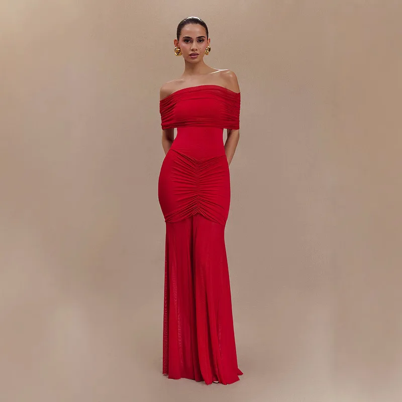 

European and American Women's Fashion Strapless Mesh Patchwork Slim Elegant French Summer Dress 2025