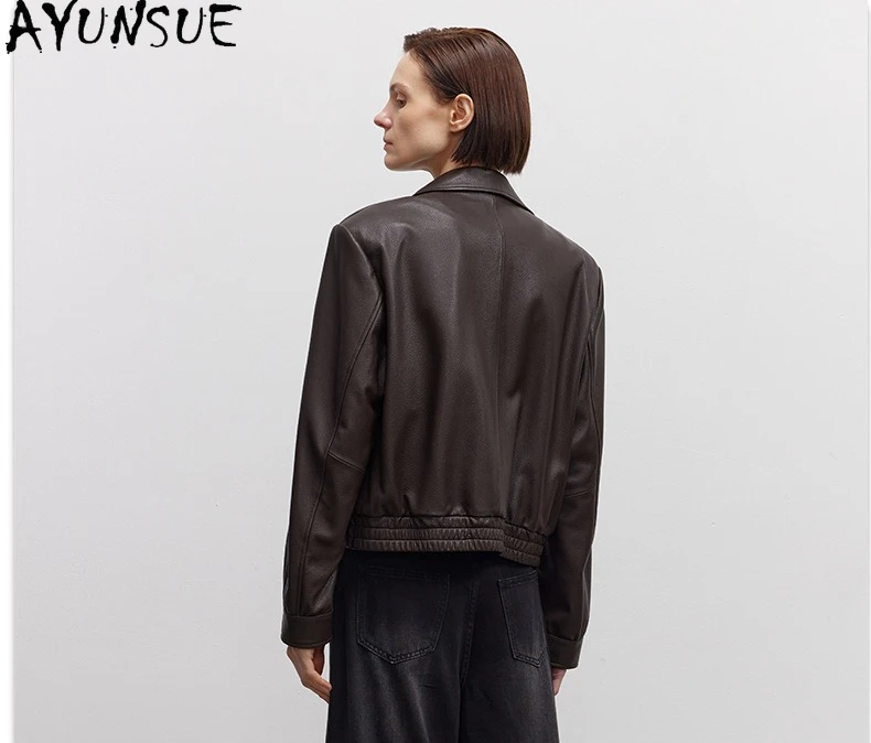 AYUNSUE Echtes Ziegenleder-Echtlederjacke für Damen 2025, schwarze Damen-Motorradjacken, Frühlings- und Herbstkleidung Nadalха Ж Espero