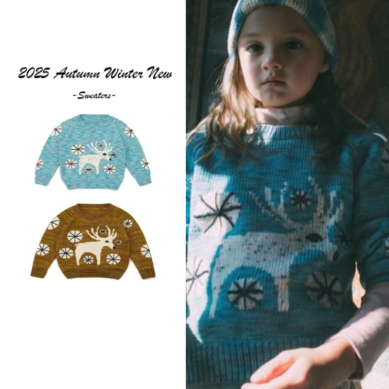 

2025 Autumn Winter New Children's Knitted Long Sleeve Hoodie Girls' Elk Jacquard Knitted Shirt Top Sweaters Children's Clothing