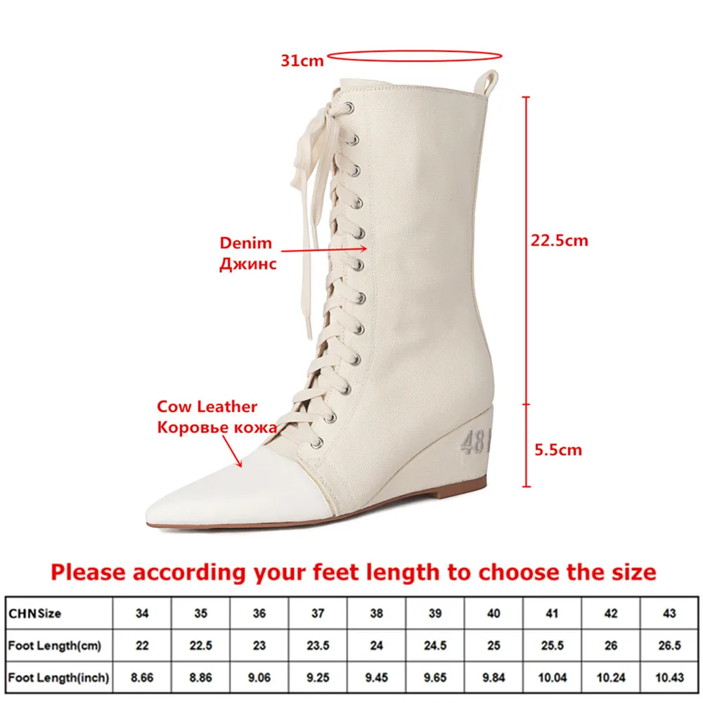 MILI-MIYA Women's Pointed-Toe Comfortable Wedge Mid-Calf Boots Fashionable Women's Boots With a Combination Of Cowhide And Denim