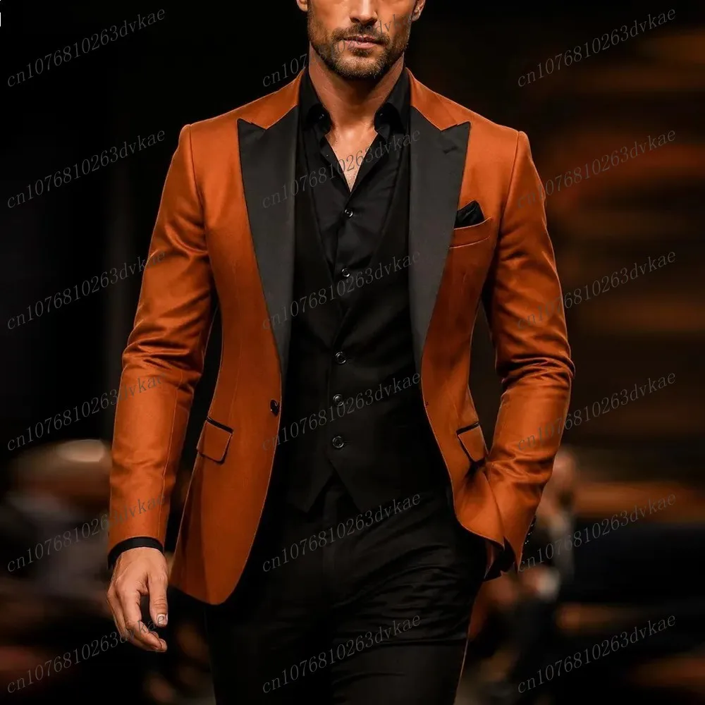 

New Black And Dark Orange Men Suit Wedding Party Formal Groom Groomsman Prom Business Male Tuxedos 3 Piece Set Jacket Vest Pants
