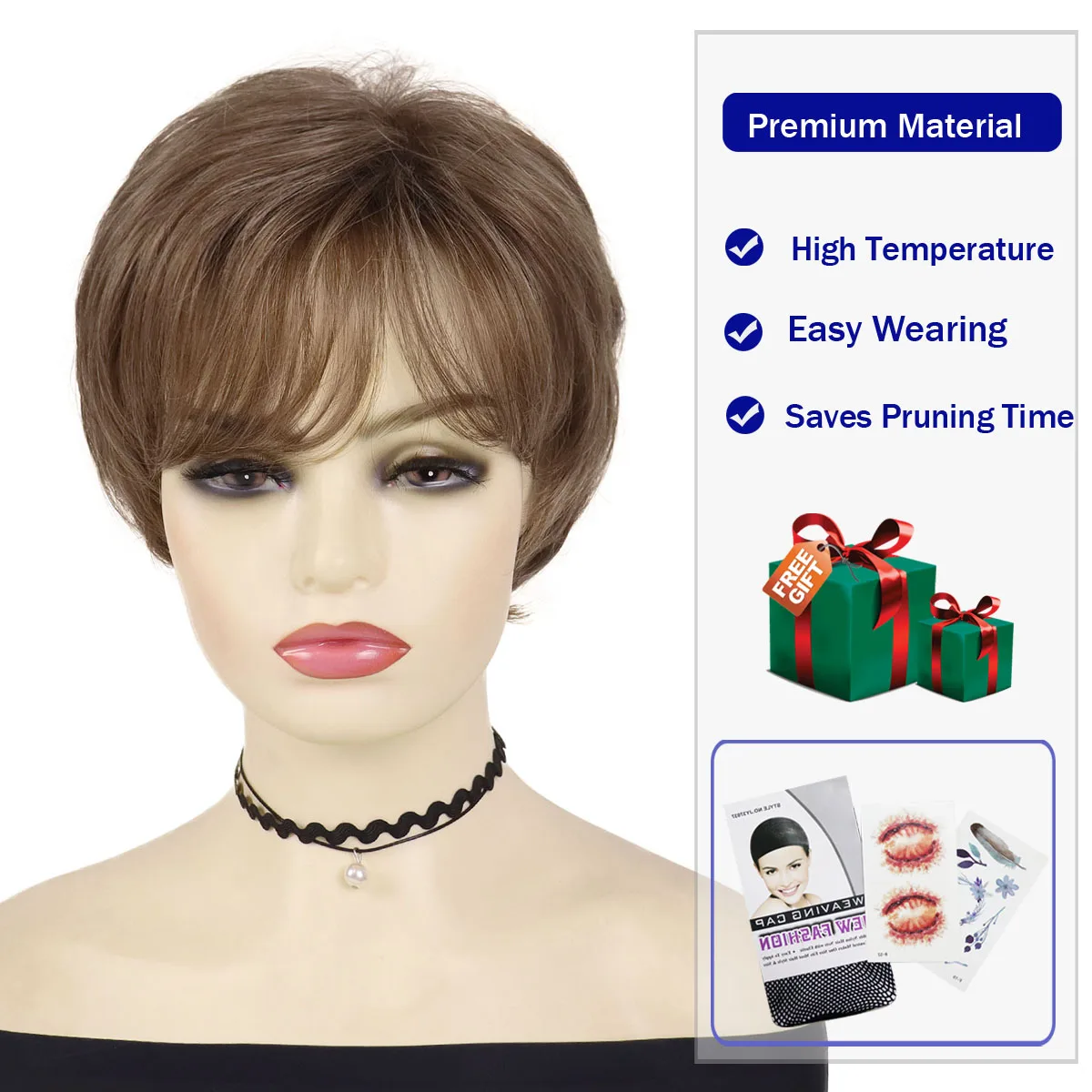 شعر مستعار اصطناعي بقص عابث للنساء، شعر مستعار بني قصير مع غرة، مظهر طبيعي، شعر مستعار بديل لشعر السيدة العجوز، زي يومي