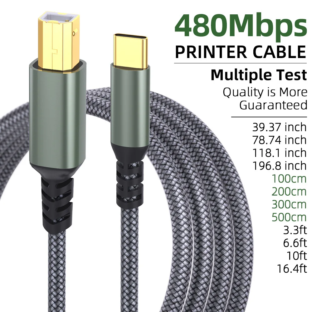 Type-C to USB-B 2.0 High Speed Printer Cable Braided Nylon Cord for Printer Scanner MIDI Controllers and Other Electronic Device