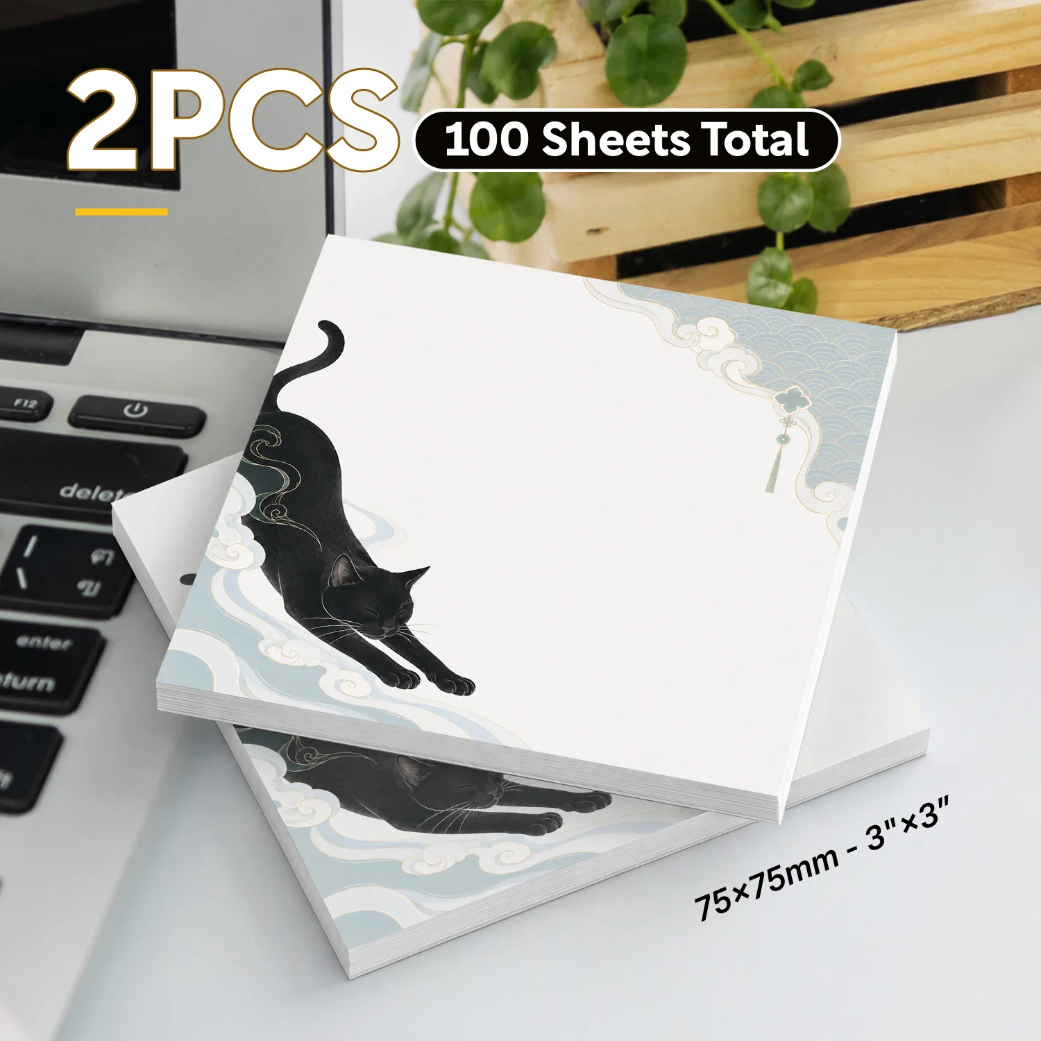 2PCS Black Cat Self Adhesive Sticky Notes 100 Sheets Chinese Cloud Pattern Cute Cat Memo Pads Oriental Style Reminder Notes Offi