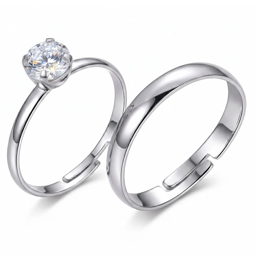 Four Claw Rhinestone Adjustable Ring in French Retro Style Featuring Geometric Lines and Round Accents Available in White Gold I