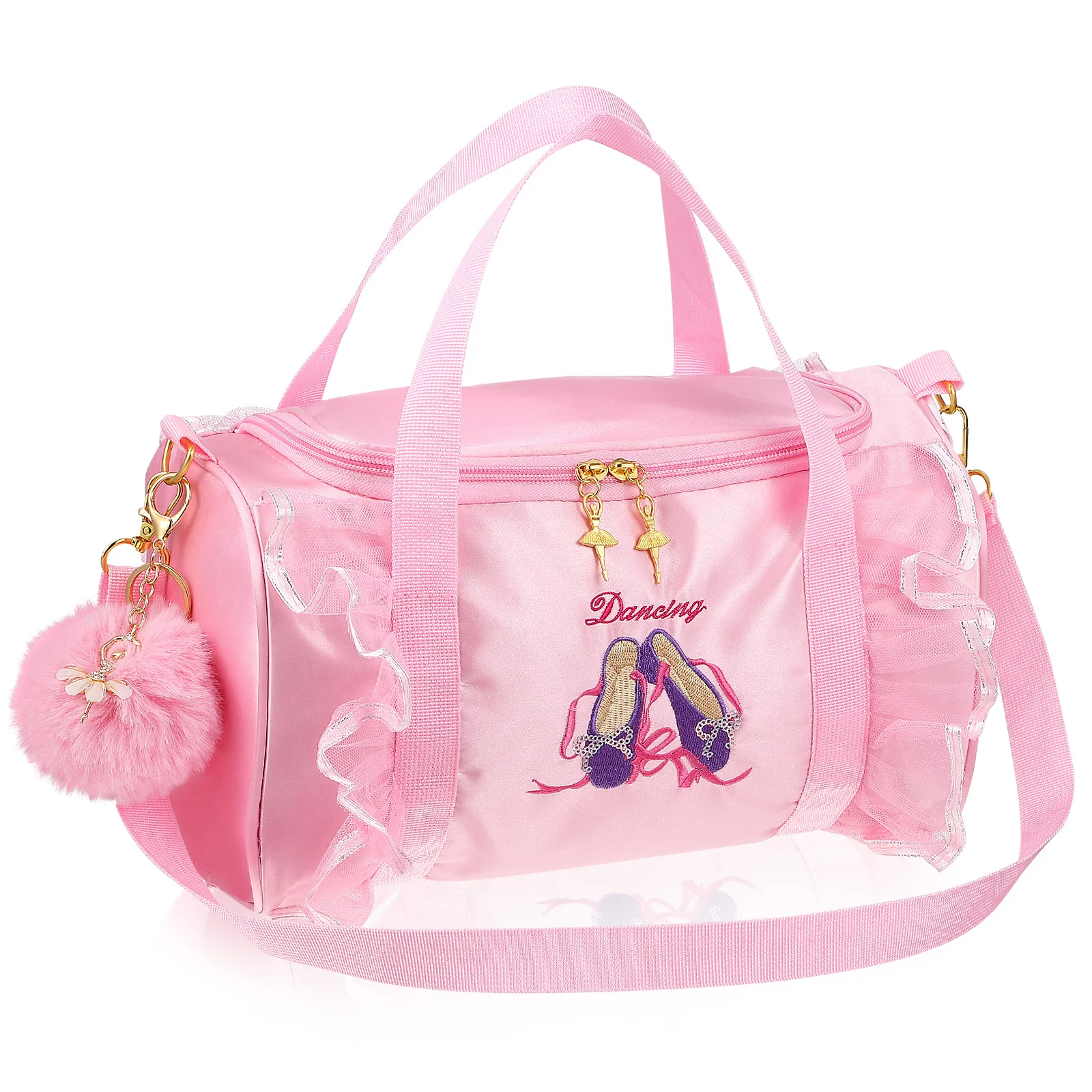 الرقص لحقيبة الباليه الوردي التطريز شبكة حمل حقيبة كتف سعة كبيرة اكسسوارات الرقص المفاتيح Pompom الكرة السفر