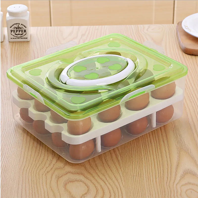 Cute Double Deck Eggs Holder Box Covered Egg Dispenser with Handle for Refrigerator 32-egg Capacity