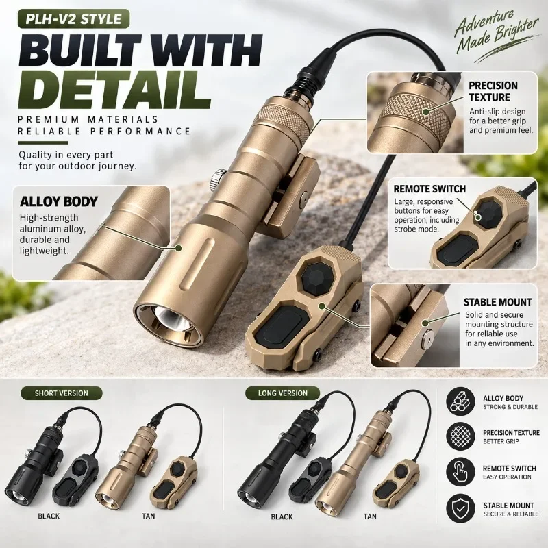 PLH-V2 Style Alloy LED Flashlight Set Long & Short, Super Bright with Strobe Mode, USB Rechargeable, Outdoor Camping Light