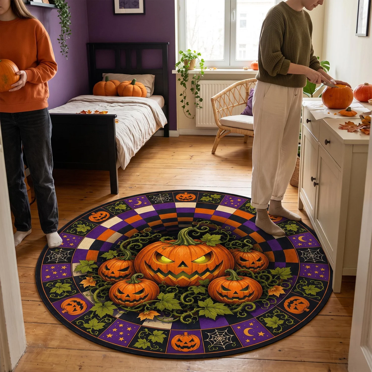 Orange and Purple Halloween Round Rug, Washable Pumpkin Field Pattern, Bedroom Decoration