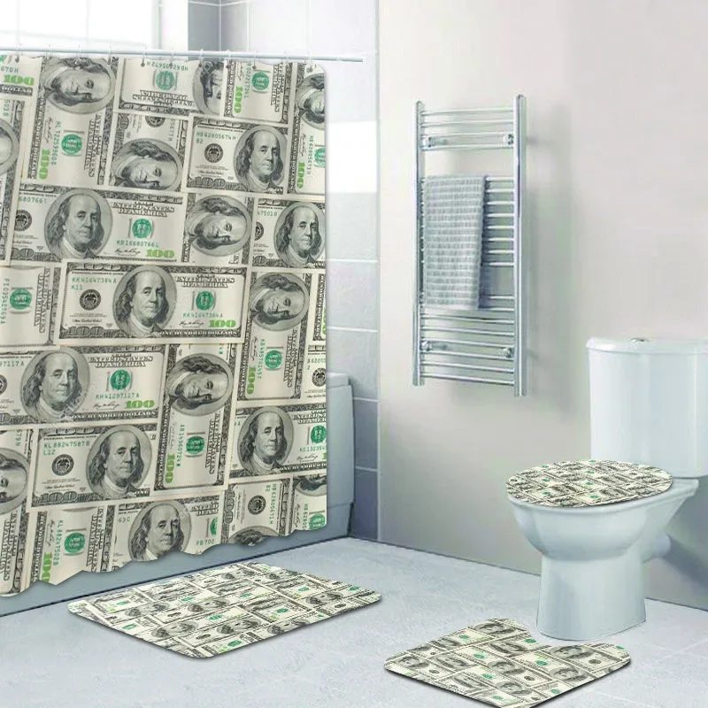 US Dollar Bill Banknotes Bathroom Shower Curtain Set for Bathroom Money Currency Notes Bath Mat Rug for Toilet Carpet Home Decor