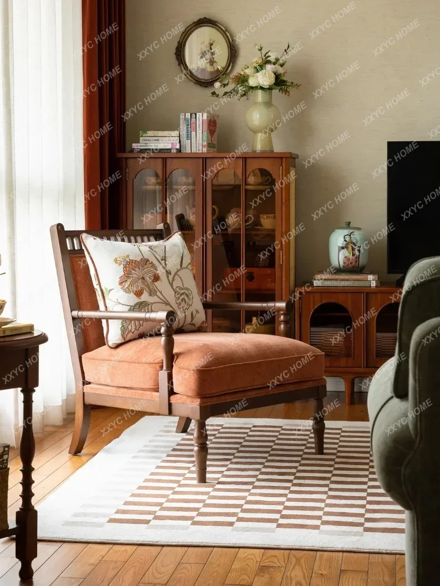 H  French Retro Solid Wood Single Sofa American Country Fabric Wingback Chair Casual Belt Armrest Chair