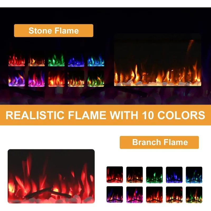 Cool to The Touch Fireplace Heater, Recessed and Wall Mounted Fireplaces with Timer Remote Control Adjustable Flame Color