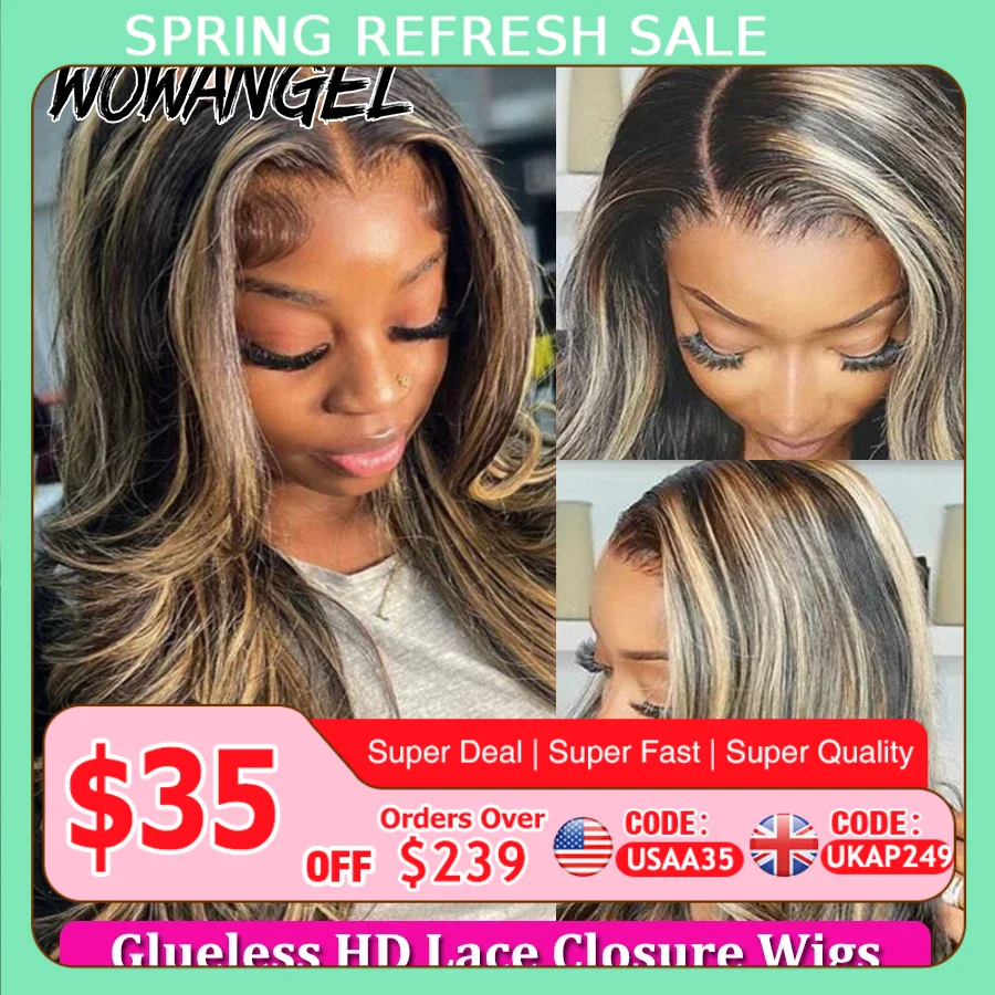 Wow Angel 34inch Highlight Body Wave Wigs 5X5 HD Lace Closure Wig Honey Blonde 250% Glueless Wig Human Hair Ready to Wear Wigs