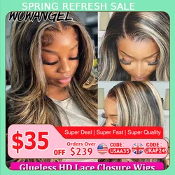 Wow Angel 34 Zoll Highlight Body Wave Perücken 5X5 HD Spitzenverschluss Perücke Honigblond 250 % leimlose Perücke Echthaar Perücken bereit zum Tragen