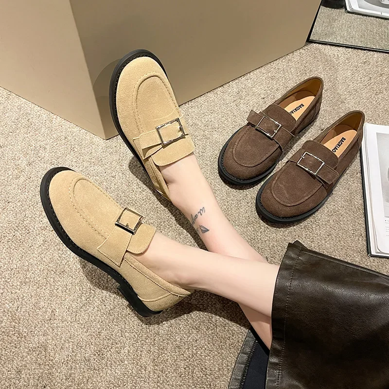 Suede Woman Loafers Belt Buckle Round Toe Vintage Flat Shoes Comfortable Slip on Single Shoes Casual Soft Sole Leather Shoes