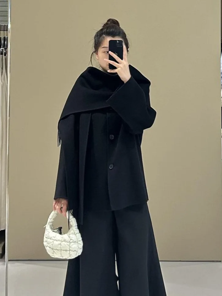 

Wholesale 2025 Autumn and Winter Casual Tassel Scarf Collar Wool Double-sided Women's Coat