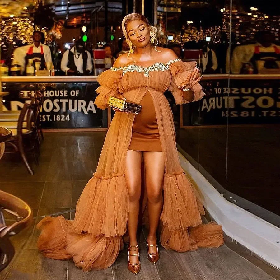 Fluffy Pumpkin Tulle Maternity Gown Off-the-Shoulder Maxi Dress with Lush Sleeves A-Line Beaded Applique for Women Photo Shoot
