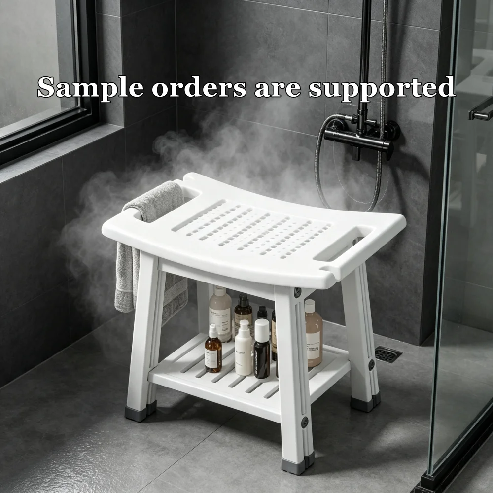 Multi-functional Non-slip Shower Stool, Storage Shelf, Heavy-duty Bathroom Seat for Elderly, Pregnant Women, 300lbs Capacity