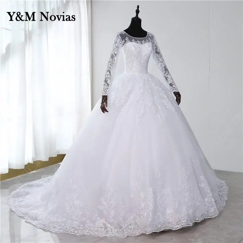 2021 Wit Ivoor Champagne Sweetheart Vestido De Noiva Trouwjurk Volledige Mouw Lange Trein Custom Plus Size Bruid Tule Mariage