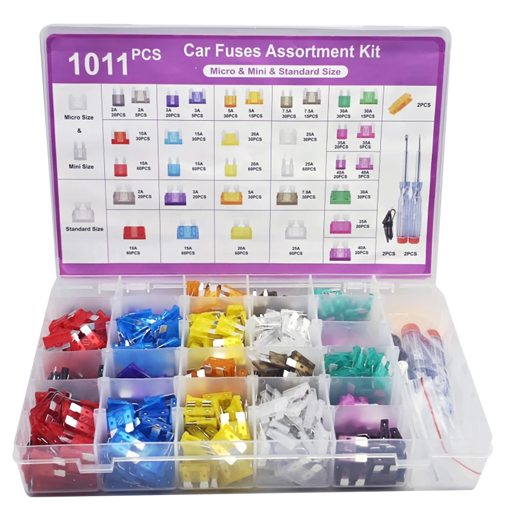 1011Pcs Fuse Assortment Kit, 410PCS Mini Blade Fuses + 410 Standard Fuses + 185 Micro + With Fuse Puller Circuit Tester(2A-40A)