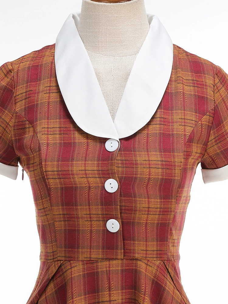 Tonval Schalkragen, Knöpfe vorne, kariert, Rockabilly, lange Kleider, 2025, Herbst-Winter, Taschen, seitlich, elegantes Damen-Swing-Kleid