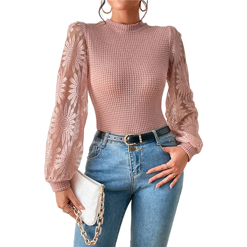 

ABP-Женские повседневные сетчатые кружевные рубашки с длинными рукавами, вафельная вязаная блузка, рубашка с круглым вырезом, осенние женские топы, пуловеры