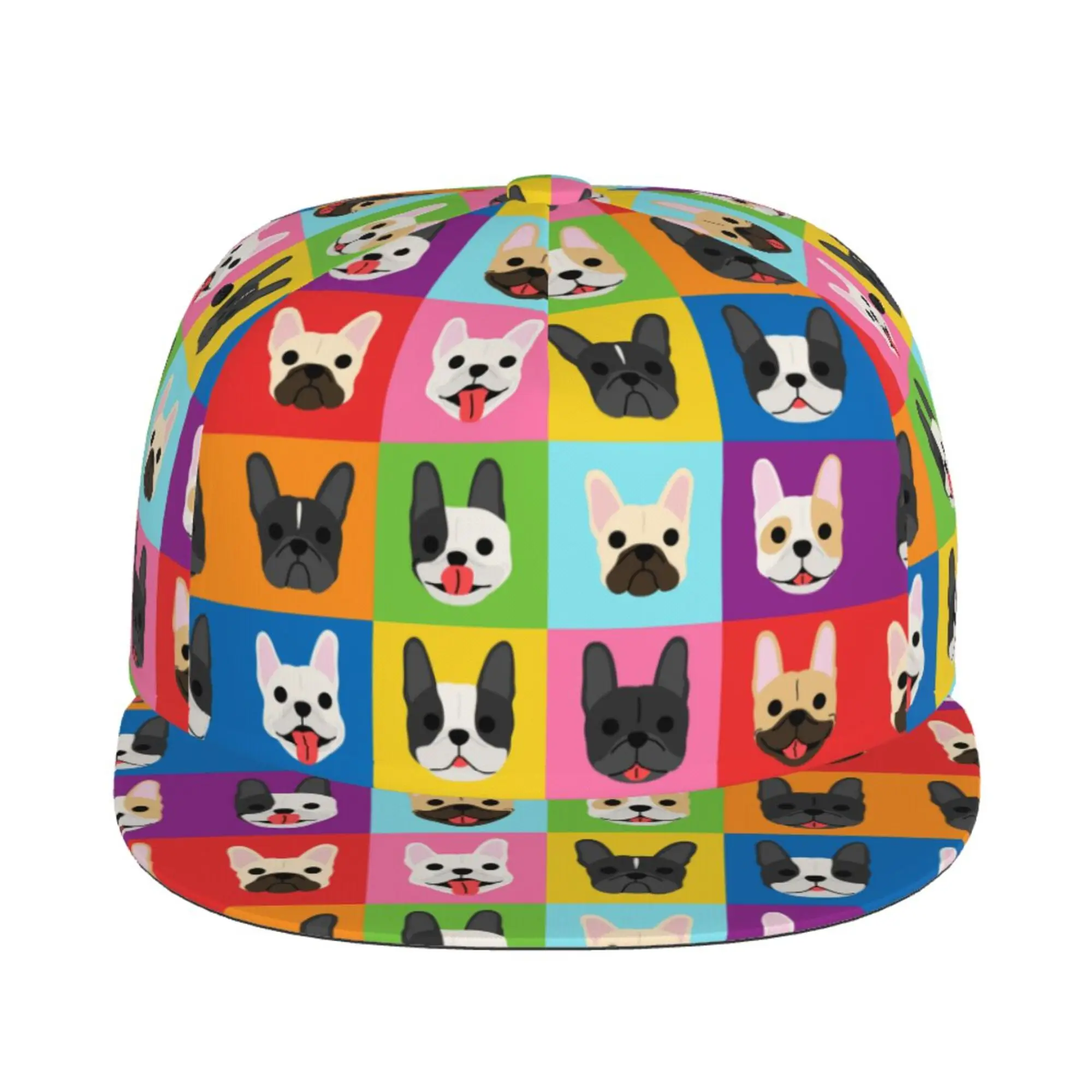 France Pug Dog Colorful Hip Hop Flat Brim Baseball Cap Snapback Visor Unisex Adult Adjustable Print One Size for Sports Travel