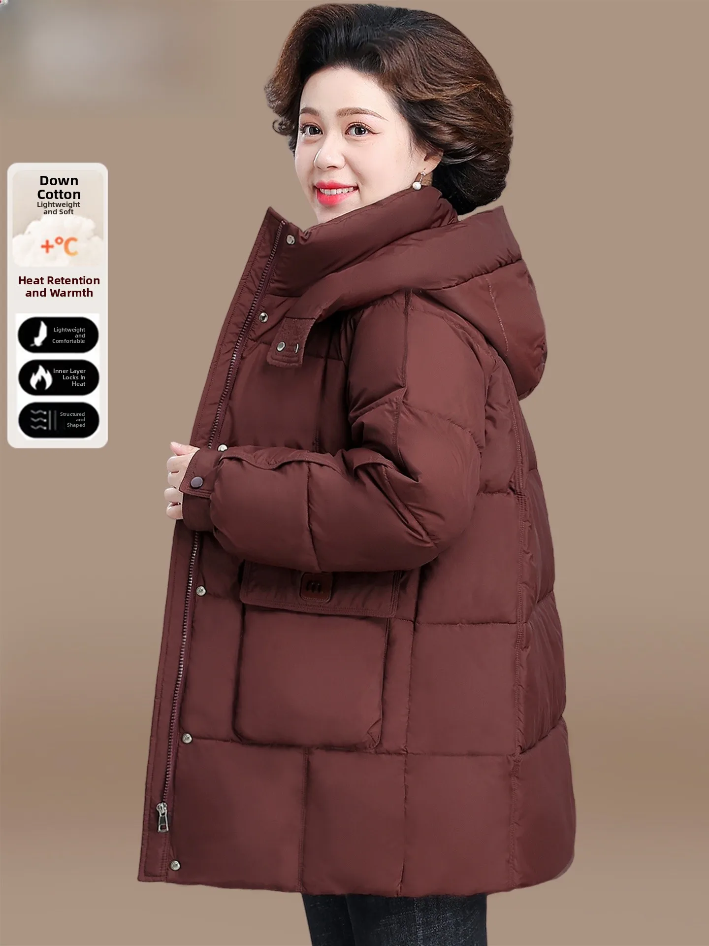 

plus Size down Cotton Jaet for Mom over 50 Winter Faion Warm Hooded Mid-Length Women's Clothing Autumn Winter Outerwear
