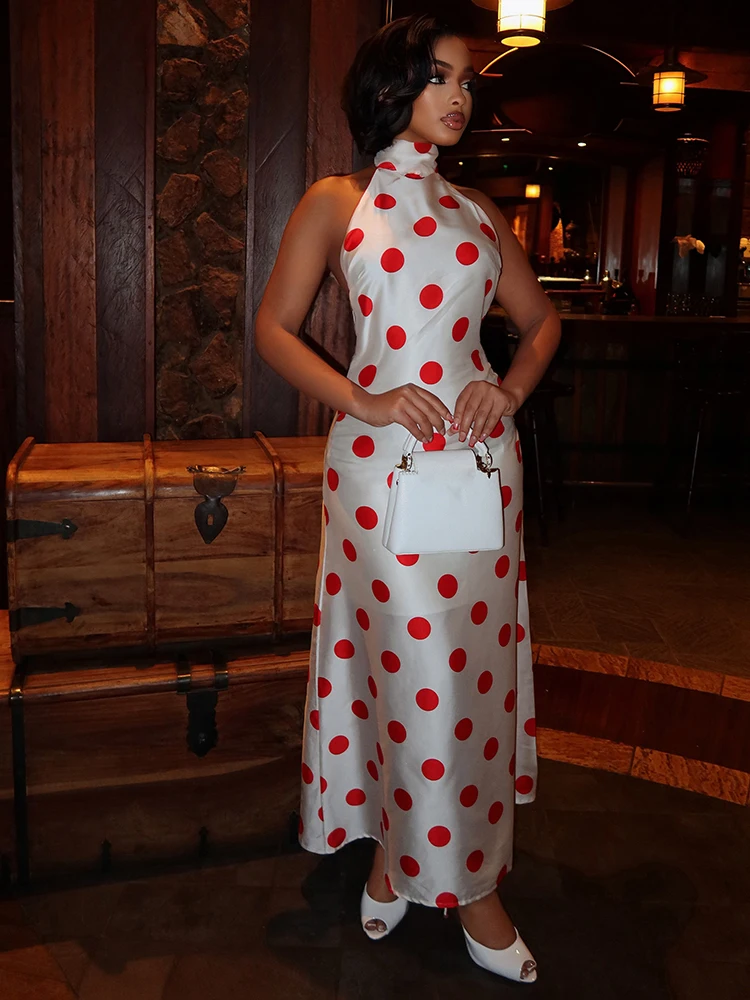Weird Puss Sexy Rückenfreies Langes Kleid für Damen, Polka-Dot-Druck, Schnürung, Neckholder, Rollkragen, Ärmellos, Mitternachtsparty, Elegante Vestidos – Detail 17