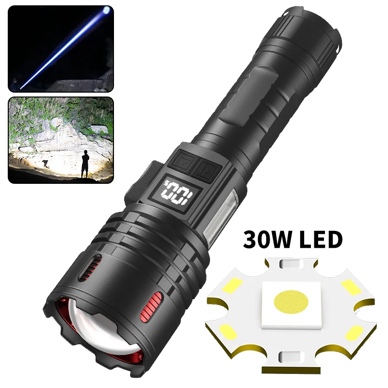 Tactial 30W LED+COB Flashlight Zoom Long Shot Torch with Digital Power Display High Power Outdoor Camping Adventure Fishing Lamp