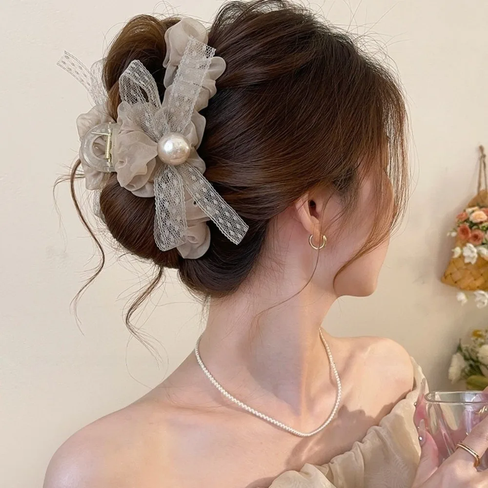 

2026 Mesh Bow Women Hair Clip Round Bead Back of Head Hair Claws Shark Clip Hair Accessory
