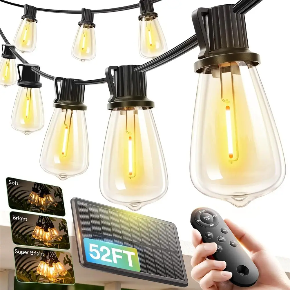 52 LED String Lights Waterproof, Patio Lights Powered with Remote & USB Port, 16+1 LED Shatterproof Bulbs, 3 Light Modes, Dimmab
