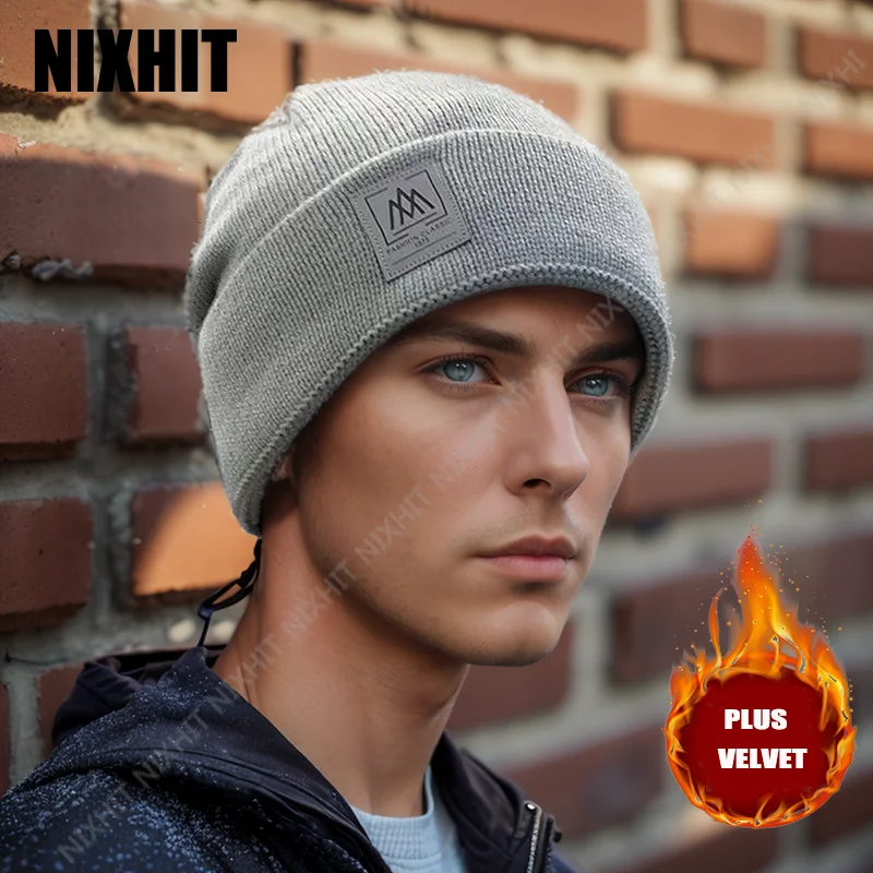 

NIXHIT New Plus Velvet Thicken Knitted Beanie Warm Skullies Beanies Men Winter Hat Knitted Hats Casual Riding For Men Cap Women