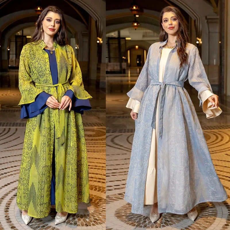 

2024 Islam Abaya Dress Lotus Leaf Sleeves New Abayas for Women Set Fashionable and Elegant Women's Dress for Europe and America