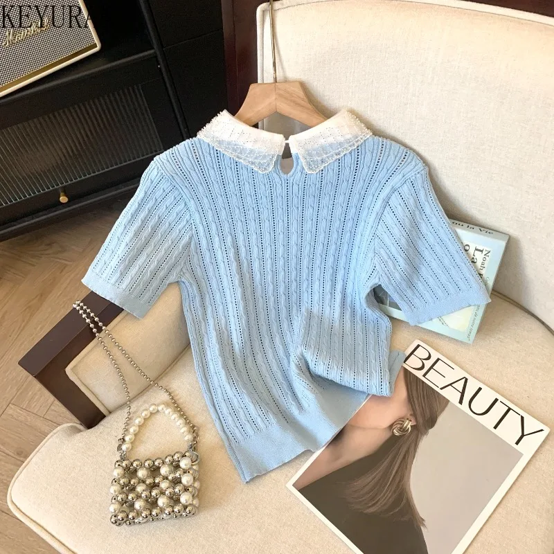 2024 Spring/Summer Short Sleeve Sweater Women Knit T-shirts Gentle Lace Peter Pan Collar Slim Fit Pullover Knitwear Crop Tops