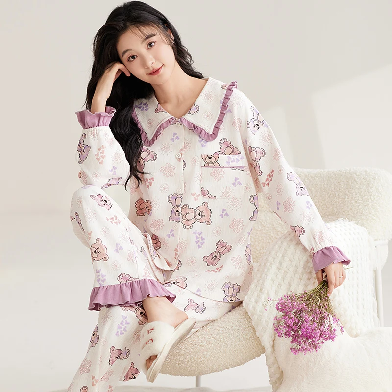 Pink Cute Bear Pajamas Set Women Long Sleeves Long Pants Autumn Winter Kawaii Sleepwear Soft Pyjamas Girl Pijamas Cozy Cotton Pj