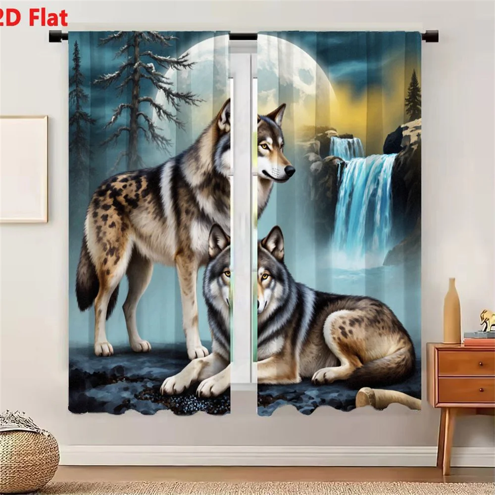 2Pcs Curtains 2D Flat Surreal Misty Natural Landscape With Two Wolves Full Moon Waterfall And Rocky Ground Window Drapes for Bed