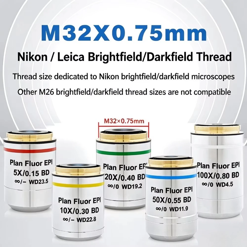 Metallographic Microscope Light and Dark Field Plan Fluor EPI BD Objective Lens 5X10X20X50X M32 Thread Replace Nikon