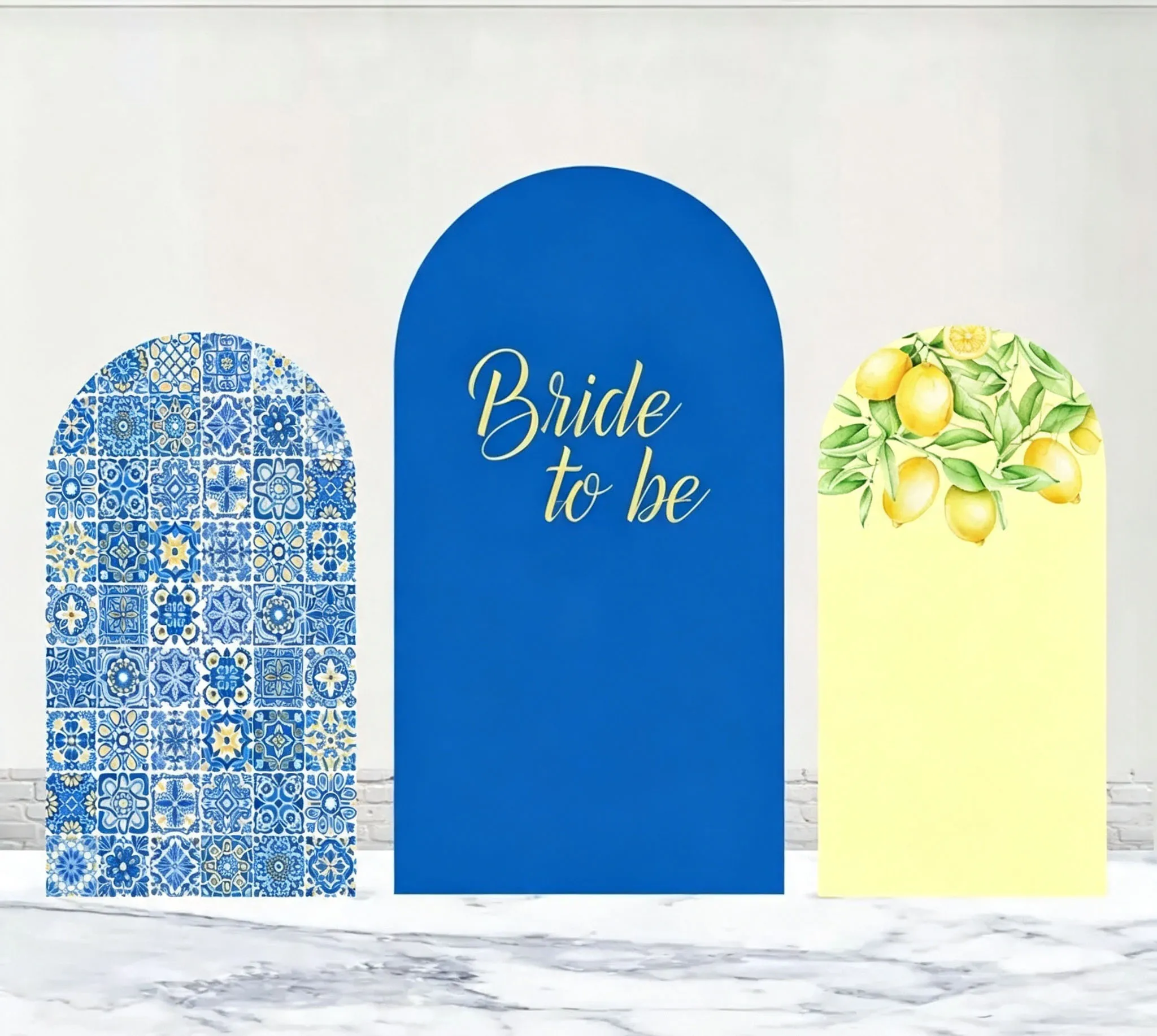 Custom 2-Side Bride To Be Bridal Shower Arch Backdrop Cover Blue Tile Lemon Custom Name Wedding Party Decor Backdrop Photo