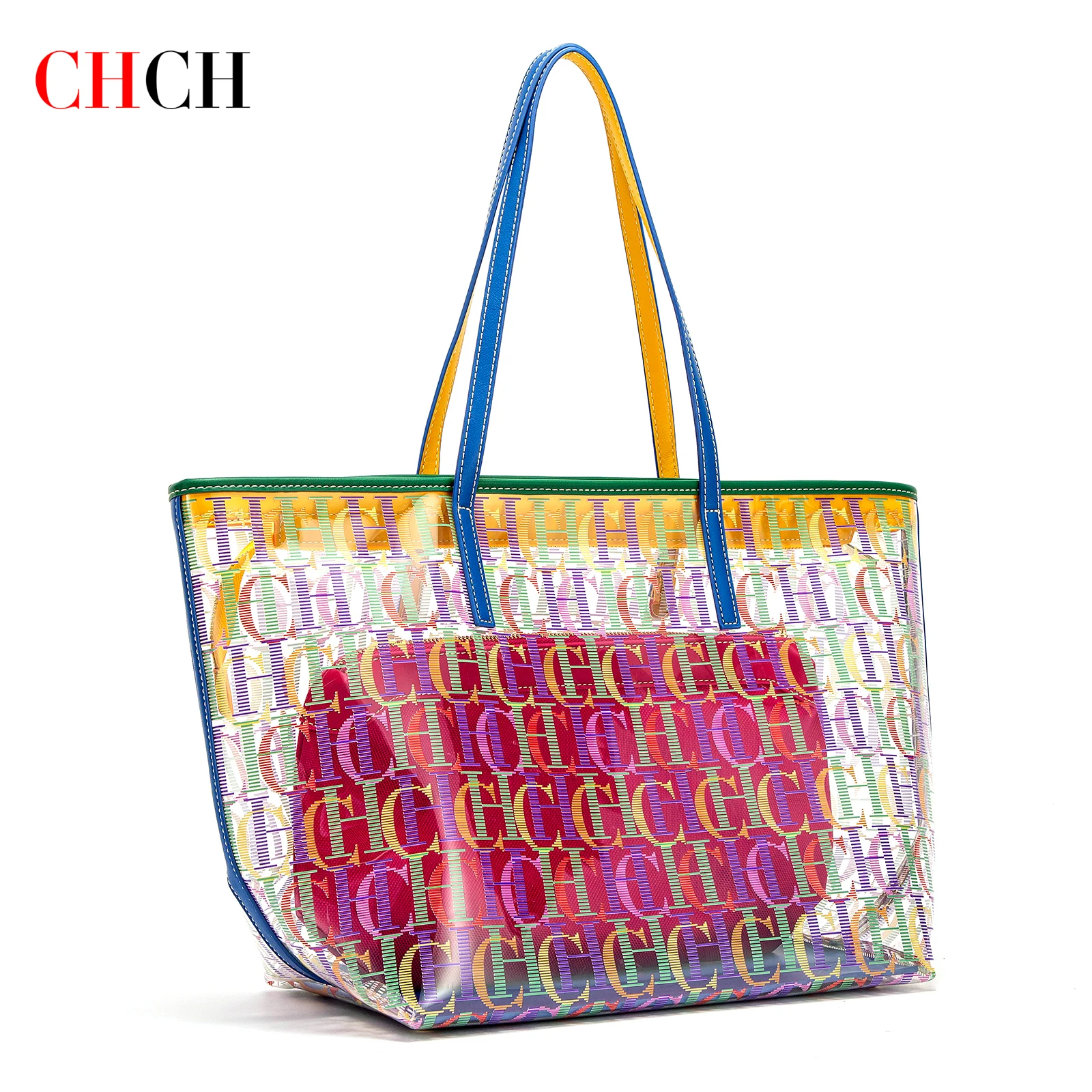 

CHCH Women's Tote Bag Blue Transparent PVC Letter Printed Handbag Large Capacity Mother Child Shopping Bag